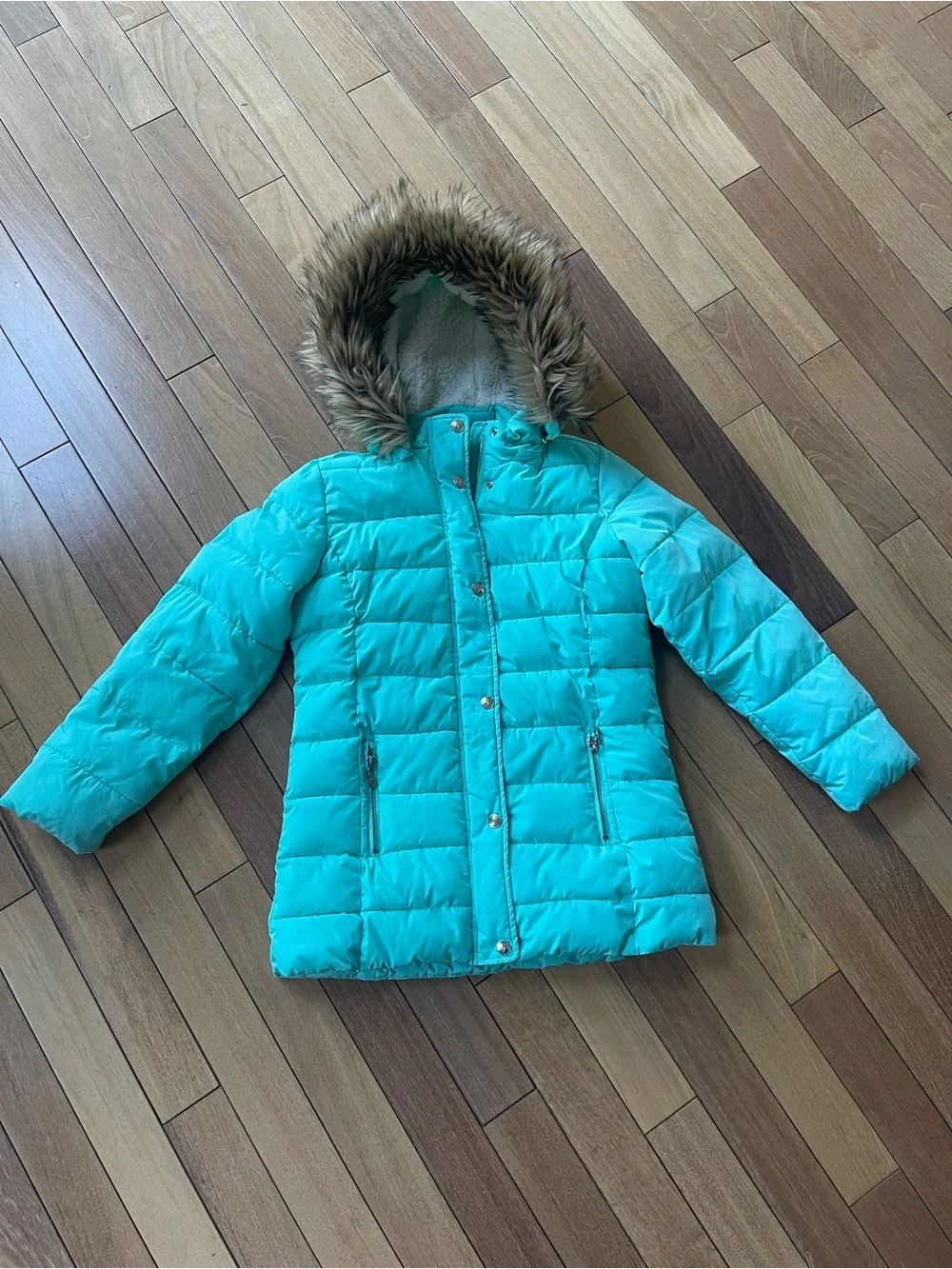 Justice Girls Aqua Faux Fur Hooded Puffer Winter Coat Size 12/14